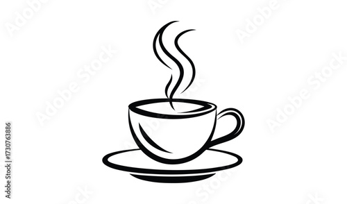 Simple line drawing of a steaming cup of coffee on a saucer