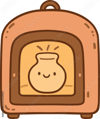 Cute kawaii doodle vector illustration of a clay pottery kiln with a handmade jug inside, baking in soft pastel colors. Cozy, charming style, perfect for ceramics, pottery, clay craft and DIY themes.
