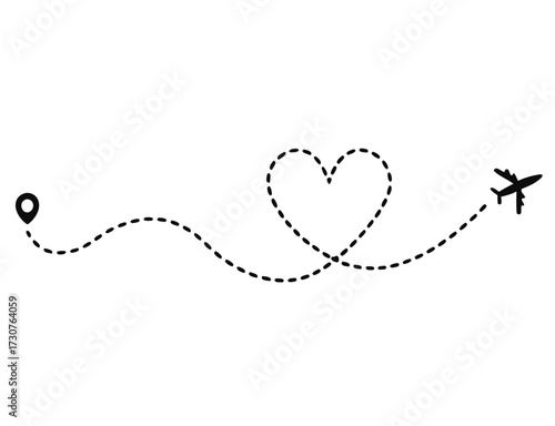 Love airplane route. Romantic travel, heart dashed line trace and plane routes. isolated vector illustration 
