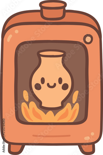 Cute kawaii doodle vector illustration of a cozy pottery kiln with a smiling clay jug inside and a warm glowing fire. Hand-drawn cartoon style, perfect for ceramics, crafts, and DIY.
