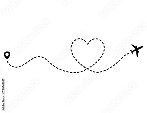 Love airplane route. Romantic travel, heart dashed line trace and plane routes. isolated vector illustration 