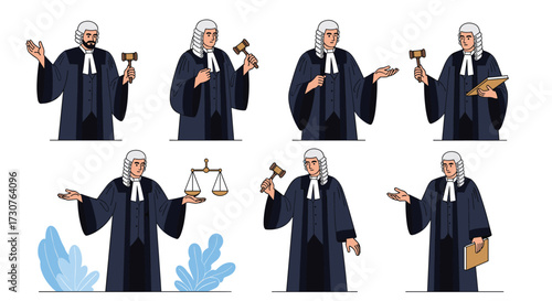 Illustrations of judges in traditional attire holding gavels and scales of justice.