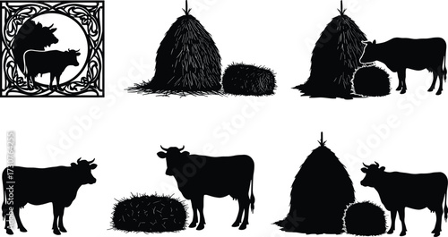 Farm animal silhouettes with cows, haystacks, grass and rural agriculture elements, vector illustration for farming, livestock, countryside, and nature themes