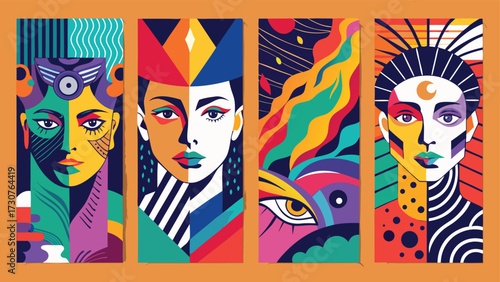 A collection of four posters, each featuring unique designs and vibrant colors..eps