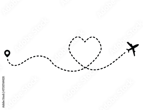 Love airplane route. Romantic travel, heart dashed line trace and plane routes. isolated vector illustration 