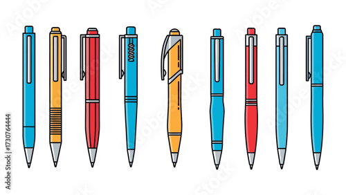 Vibrant Pens Arrayed: A curated collection of colorful pens, arranged in a perfect display of creative tools, symbolizing writing and creativity with a modern, illustrative style.