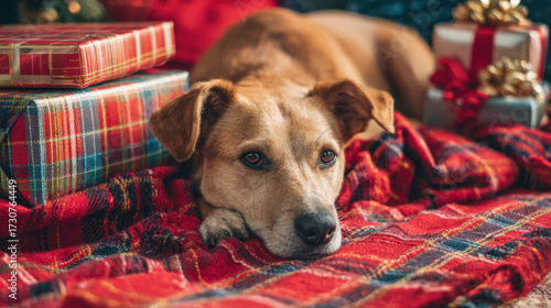 Dog lying on a red plaid blanket beside wrapped christmas presents with ribbons and bows