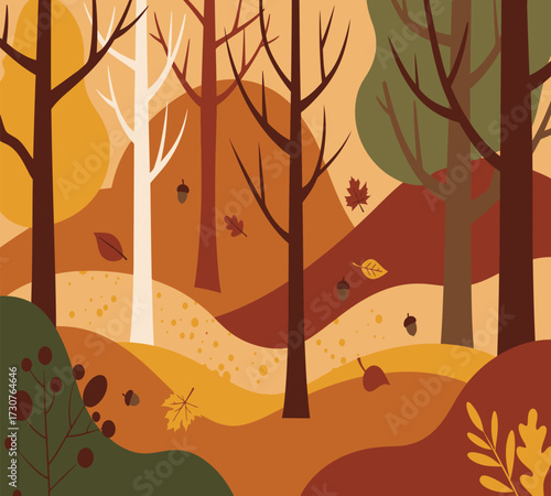 Vector art of a serene november landscape with bare trees and falling leaves, capturing the essence of autumns beauty and tranquility, perfect for nature lovers and those seeking a peaceful scene