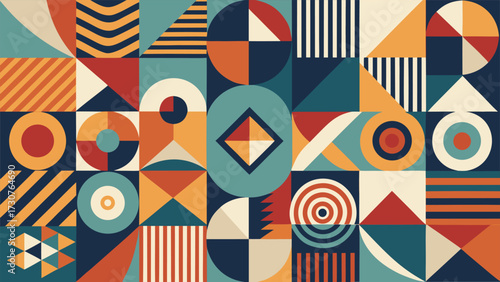 Dynamic abstract geometric pattern composed of diverse shapes and vibrant colors, emphasizing contemporary art style..eps