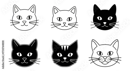 Six stylized cat faces in black and white, showcasing playful and cute expressions
