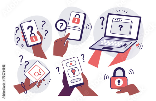 Cyber crime set. Characters loss personal data access, answering a scam call, get fraud mail with virus. Phishing, data breach, information leakage concept