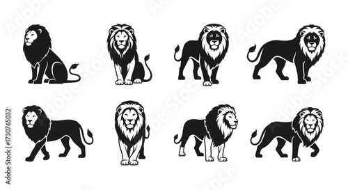 Majestic lions depicted in various powerful poses, symbolizing strength and royalty.