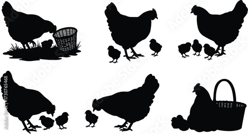 Set of six mother hen and chick silhouettes with feeding scenes and baskets vector illustration for farm poultry agriculture design