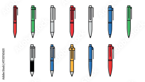 Colorful Pen Collection: A vibrant assortment of pens in various colors, meticulously arranged against a backdrop. Capturing the essence of creativity and precision.