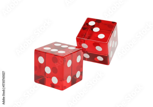 Two translucent red casino dice with white pips, suspended over a pure brilliant white studio background, photorealistic high-end product photography, concept of chance and gaming