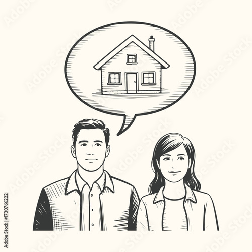 Vector art of a couple dreams of owning a home, represented by a house icon within a speech bubble above their heads, symbolizing aspirations and future planning in real estate