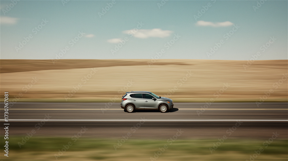 Obraz premium White SUV driving on empty road across open desert landscape under blue sky, capturing concept of freedom, mobility, speed and sustainable transport with copy space.