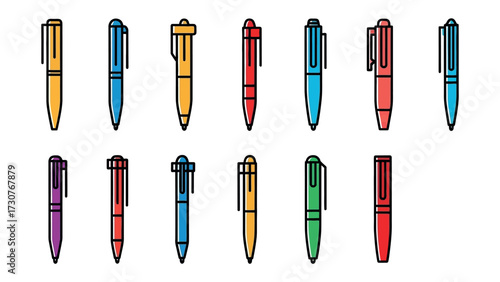 Vivid Pen Assortment: A collection of colorful ballpoint pens, each boasting its own unique design and hue, stand in neat rows, evoking the vibrancy and dynamism of the writing experience.