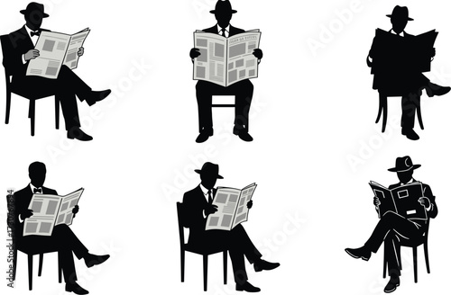 Silhouette vector illustration of men sitting on chairs reading newspapers in vintage style, formal suits and hats, daily media routine