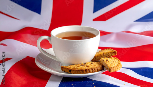 White ceramic cup of tea with biscotti on saucer, set against Union Jack flag—evoking British tradition, cozy elegance, and classic teatime charm.