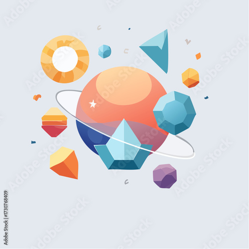 Abstract geometric shapes floating around a gradient planet creating a unique design