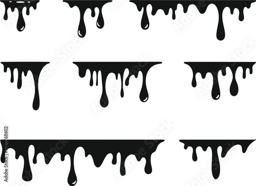Black melt drips or liquid paint drops. Dripping liquid. Paint flows. Current paint, stains. Current drops. Current inks. Vector illustration. isolated on white background 