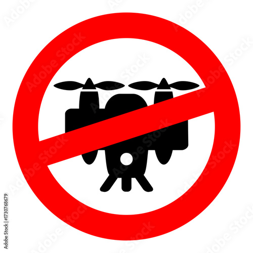 Drohnen-Verbotsschild: Klar definierte, schwarze Drohnensilhouette in einem rot durchgestrichenen Kreis. Zeigt das Verbot des Fliegens von unbemannten Luftfahrzeugen (UAVs) an.