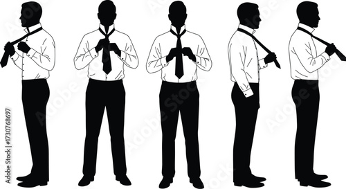 Step by step illustration of man tying necktie wearing formal shirt business attire vector sequence professional fashion guide isolated background