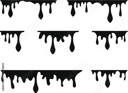 Black melt drips or liquid paint drops. Dripping liquid. Paint flows. Current paint, stains. Current drops. Current inks. Vector illustration. isolated on white background 