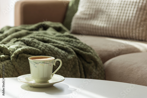 Wallpaper Mural Cozy Autumn Scene with Green Cup of Coffee and Sofa Decor Torontodigital.ca