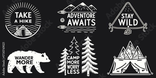 Collection of hand drawn outdoor adventure and camping themed graphic elements with motivational slogans