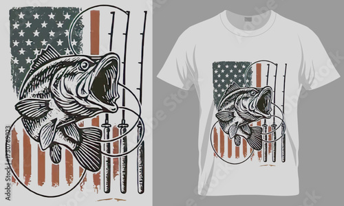 Bass Fishing American Flag T-Shirt Design Vector - Distressed USA Patriotic Angler Graphic