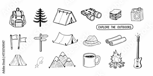 Collection of hand drawn outdoor adventure and camping icons with the words explore the outdoors