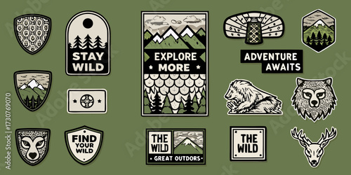 Collection of vintage adventure and nature inspired patches with mountains trees animals and motivational phrases