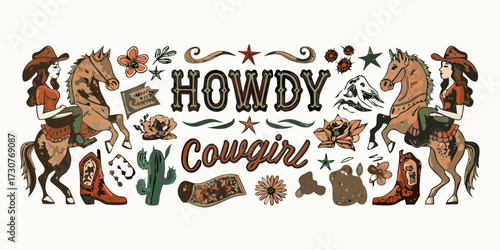 Howdy cowgirl western illustration with horses boots cactus and flowers
