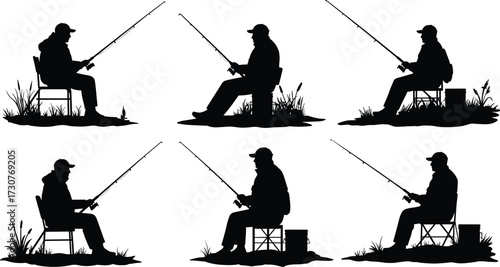 Vector silhouette illustration of man fishing with rod, sitting on chair near water, outdoor leisure, hobby, relaxation, nature activity