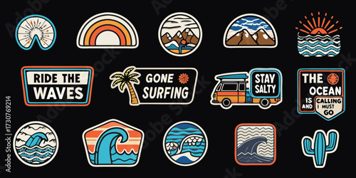 Collection of retro style ocean and beach themed patches and stickers with inspirational quotes