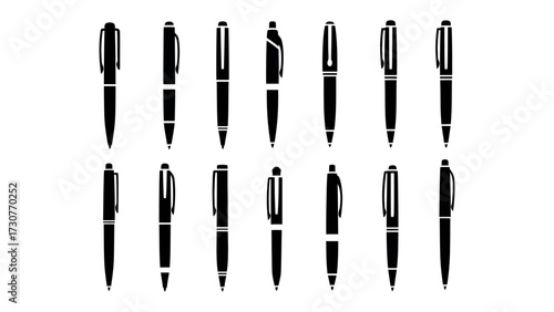 Array of Pens: A collection of pens elegantly arranged. Perfect for projects involving writing, office supplies, or creative endeavors. Showcasing their sleek design and practical form.