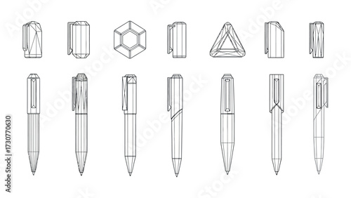 Pens: An architectural study presenting an array of pens, meticulously rendered in a clean, minimalist style. Focusing on form and structure, the collection showcases variations in design.