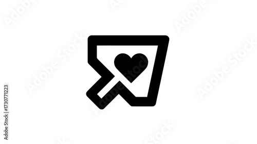 Abstract black line art icon of a speech bubble with a heart inside, symbolizing love, communication, or positive feedback. Simple vector graphic.