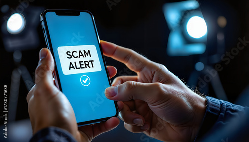 Hands holding smartphone displaying scam alert notification screen  