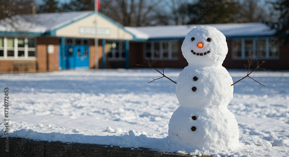 Obraz premium Snowman smiling in snowy playground outside school on winter day 