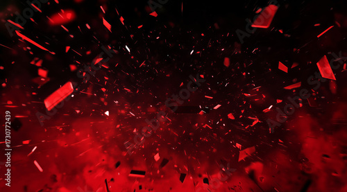 Explosive red and black fragments create dynamic visual effect, conveying energy and intensity in dramatic scene