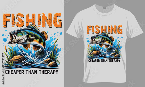 Fishing Cheaper Than Therapy T-Shirt Design Vector - Funny Bass Fish Jump Illustration