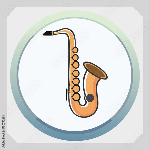 A cartoon illustration of a saxophone, a musical instrument, inside a white circle.