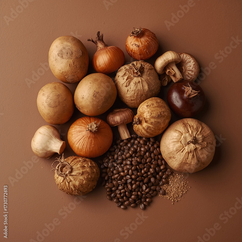Fresh brown vegetables including earthy brown potatoes, caramelized golden onions