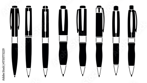 Pen Assortment: A sleek assortment of stylish pens, elegantly arranged in a monochromatic array, ideal for stationery and creative projects. Capturing professionalism and precision