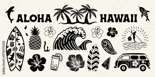 Aloha hawaii tropical paradise collection with surfboards palm trees waves and a van