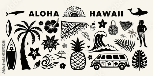 Collection of hawaiian aloha tropical icons and symbols with palm trees surfboards pineapples and waves