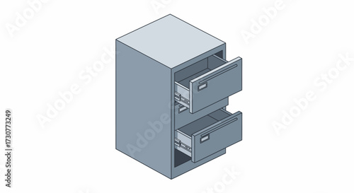 Isometric illustration of a two-drawer filing cabinet with drawers partially open.